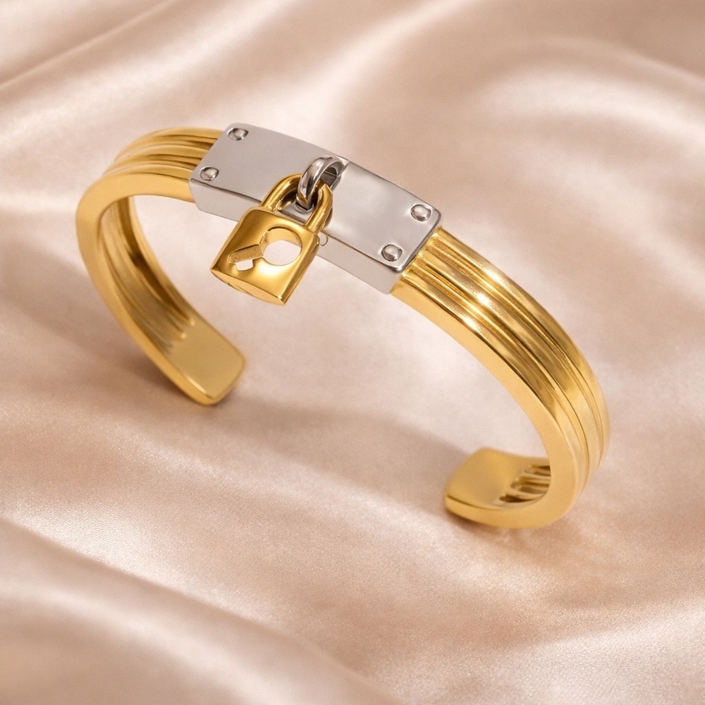 Luxury Lock Charm Cuff Bracelet – Statement Gold Bangle